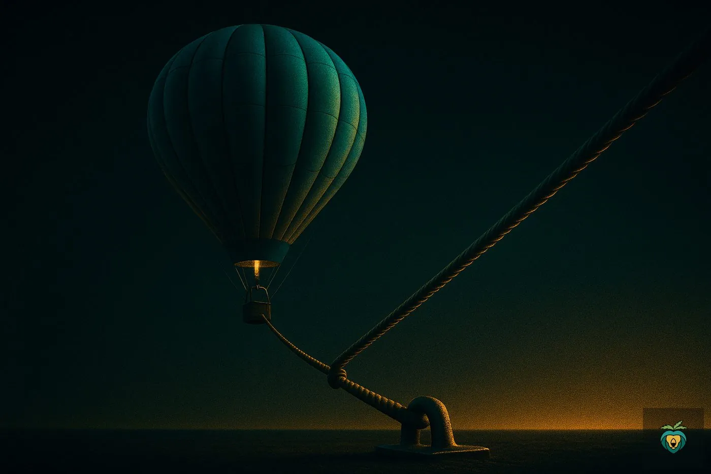 A tethered balloon lit against a dark horizon