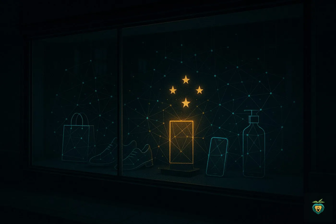 A lit shop window at night, its display picked out in gold
