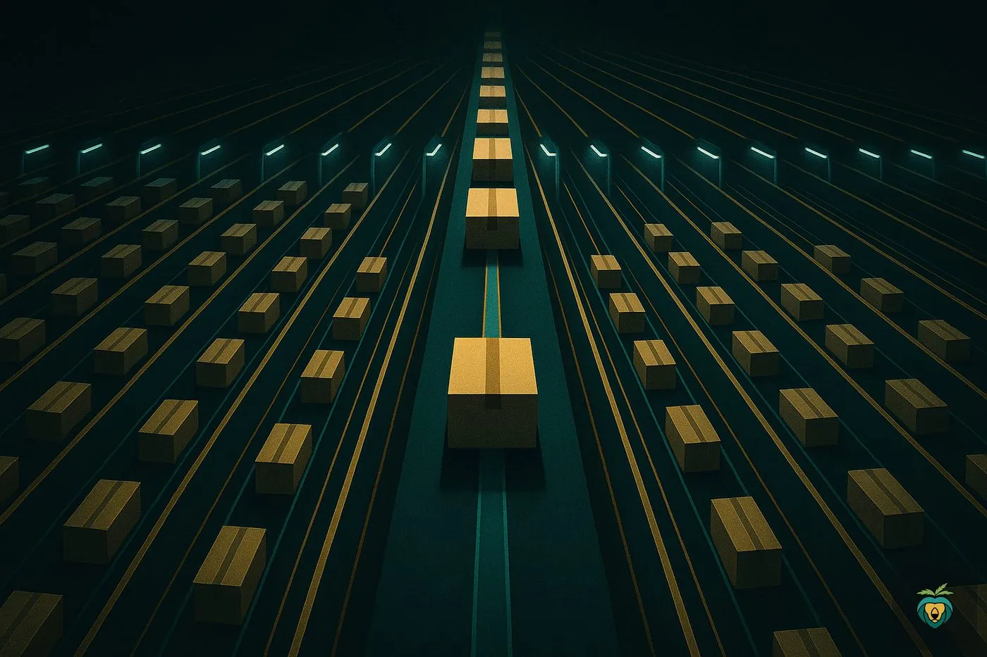 A line of identical parts moving through a lit assembly hall