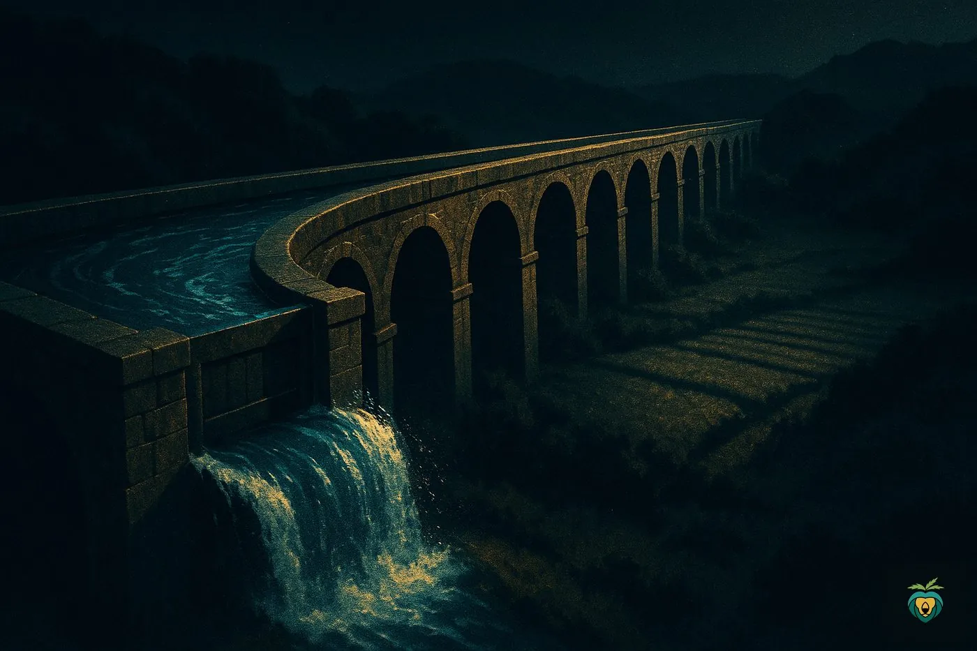 An aqueduct carrying water across a dark valley