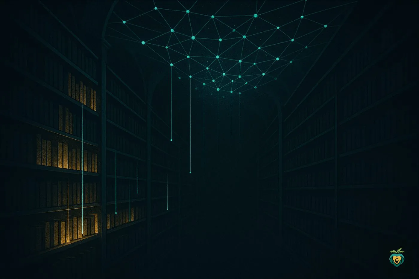A dark library with a constellation of light threading between the shelves
