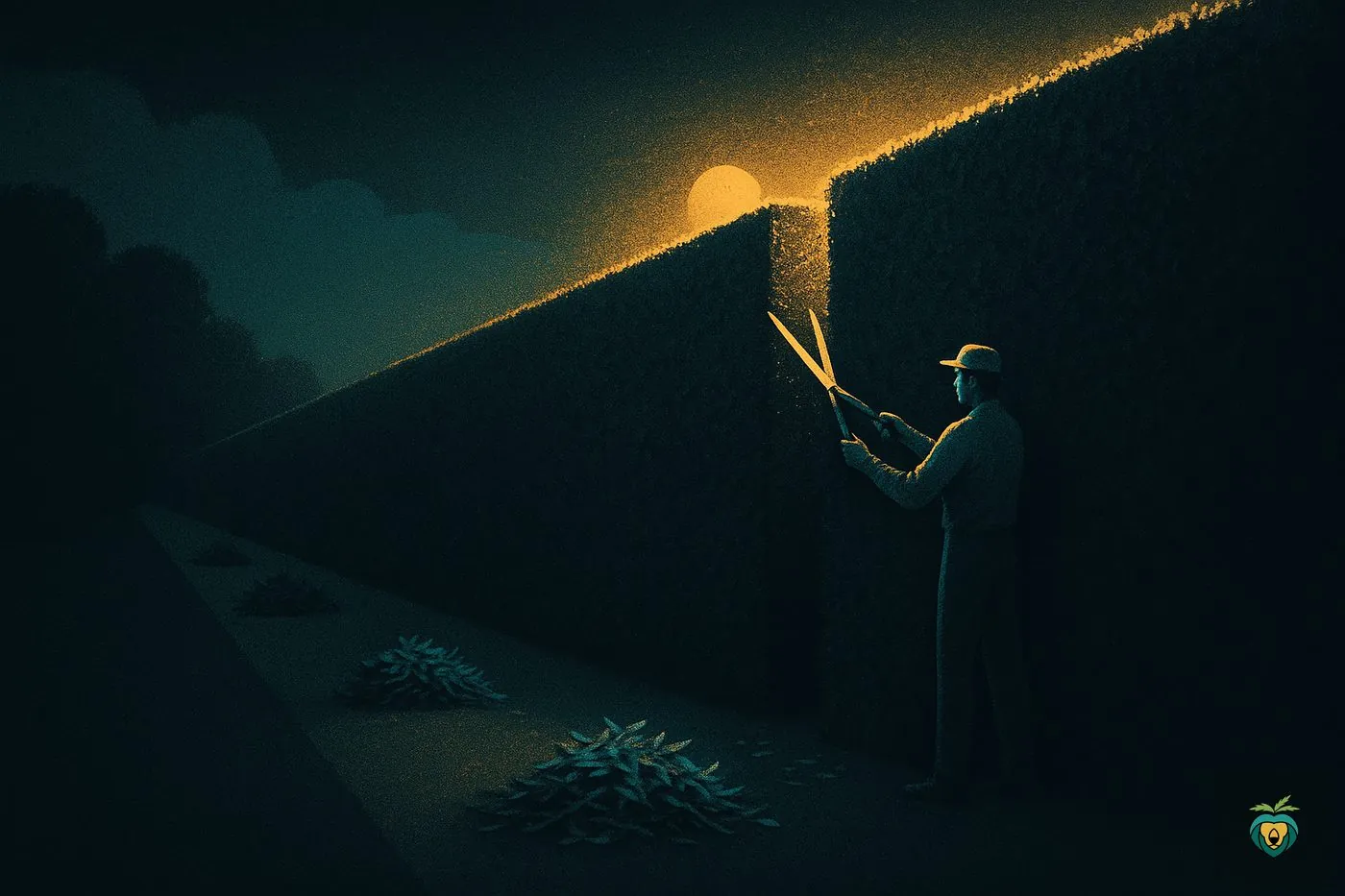 A hedge being pruned by hand under a low gold light