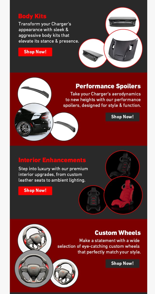 Email body in alternating dark and red bands: body kits, performance spoilers, interior enhancements and custom wheels, each with a Shop Now button