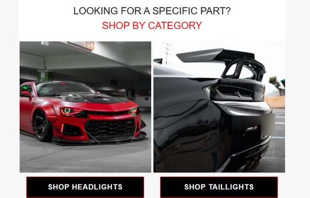 Shop by category block: two car photos with Shop Headlights and Shop Taillights buttons
