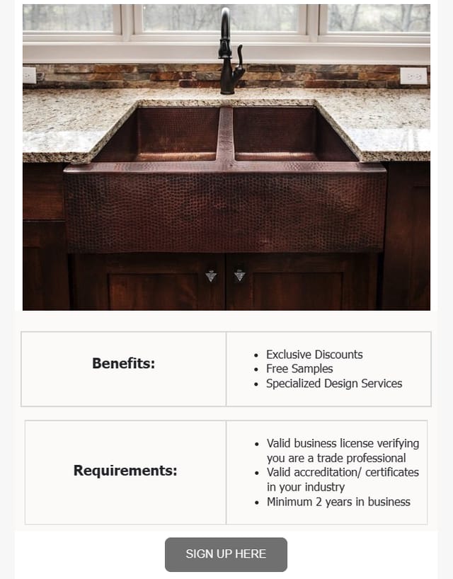 Trade partner invitation email: hammered copper farmhouse sink, a benefits box and a requirements box, sign up button
