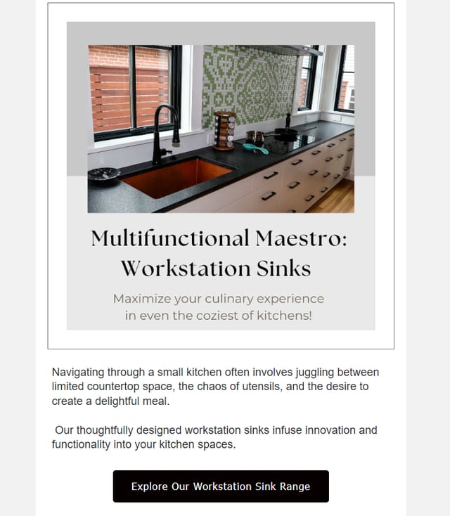 Product highlight email: workstation sinks for small kitchens, kitchen photo and a button to the range