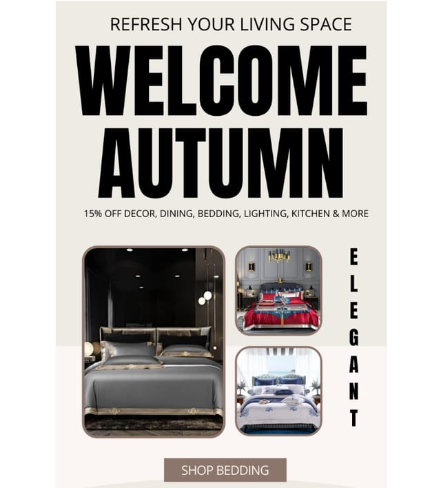 Autumn email: Welcome Autumn headline, 15% off decor, dining, bedding and lighting, three bedding photos and a Shop Bedding button