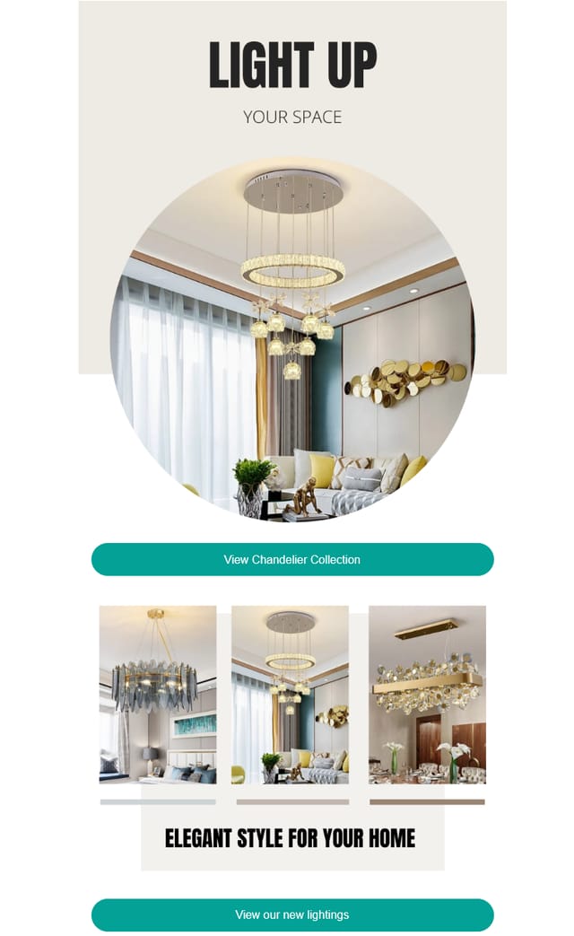 Lighting email: Light Up Your Space, a round crystal chandelier photo, three more chandeliers and two teal buttons