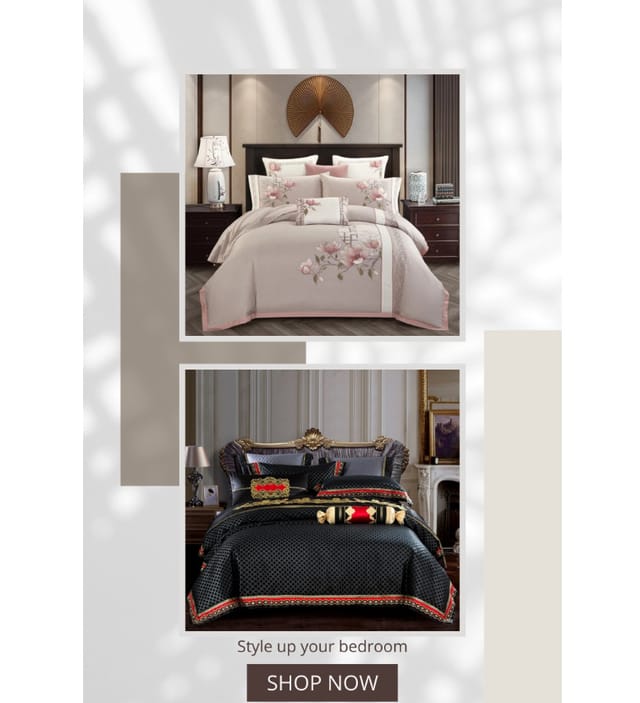 New arrivals email section: two embroidered duvet sets on staggered photo frames with a Style up your bedroom button