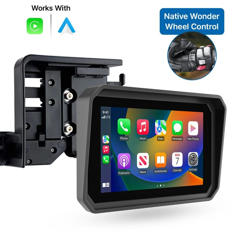 Motorcycle CarPlay screen on its handlebar mount, the product image on the fixed Shopify product page
