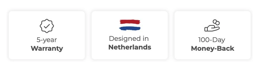 Trust badges on the product page: 5-year warranty, designed in Netherlands, 100-day money-back