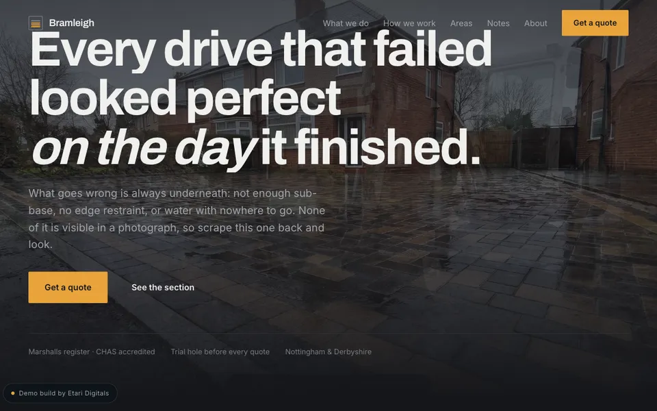 Demo van Bramleigh Surfacing, desktopweergave