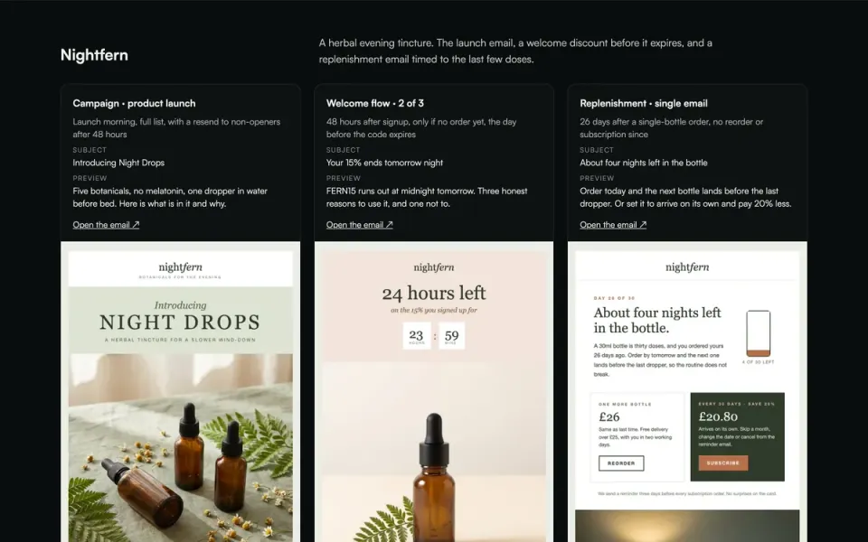 Demo van Nightfern emails, desktopweergave