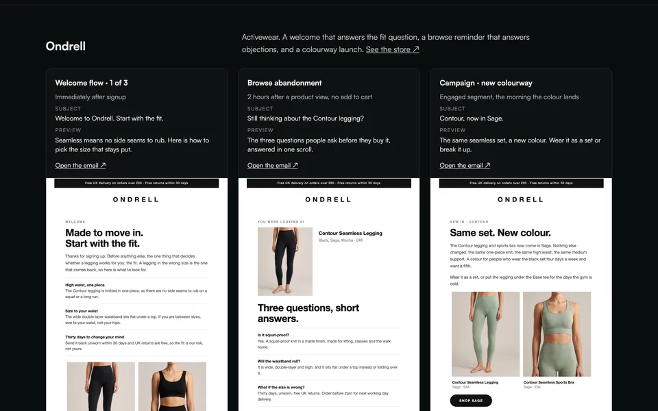Demo van Ondrell emails, desktopweergave