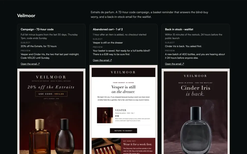 Demo van Veilmoor emails, desktopweergave