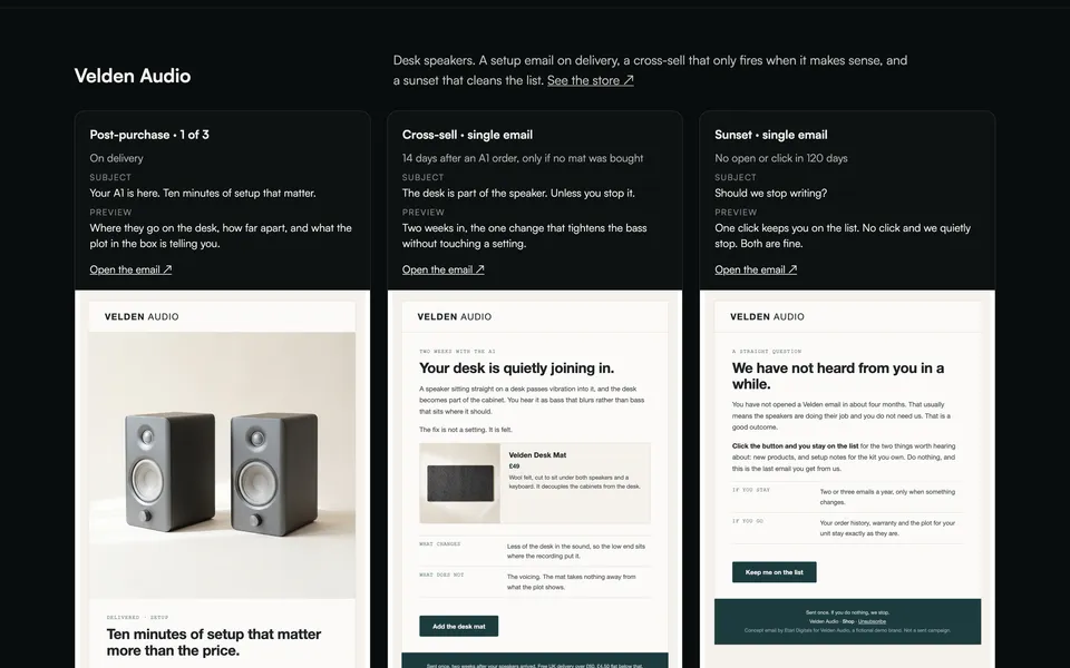 Demo van Velden Audio emails, desktopweergave