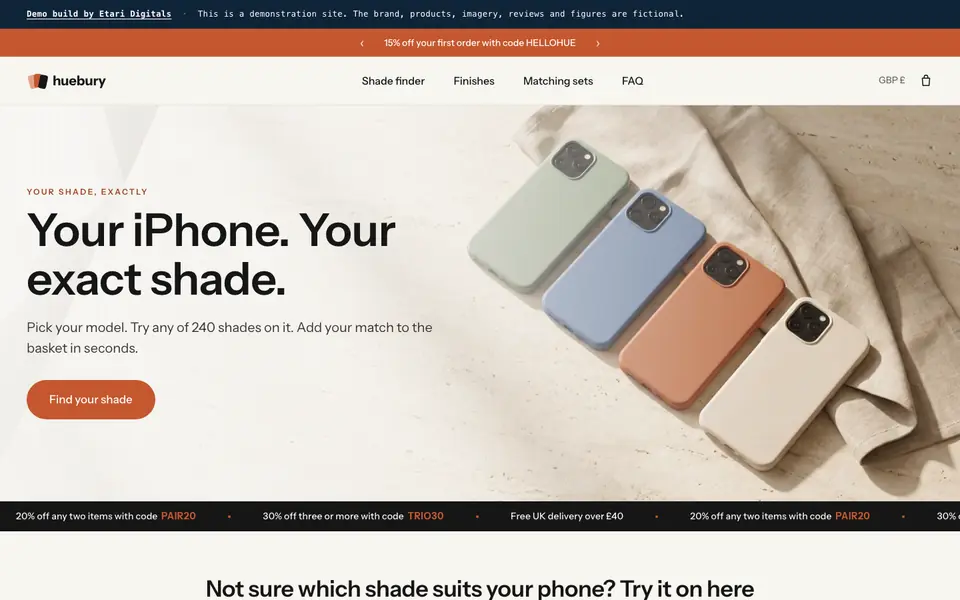 Huebury demo, desktop view