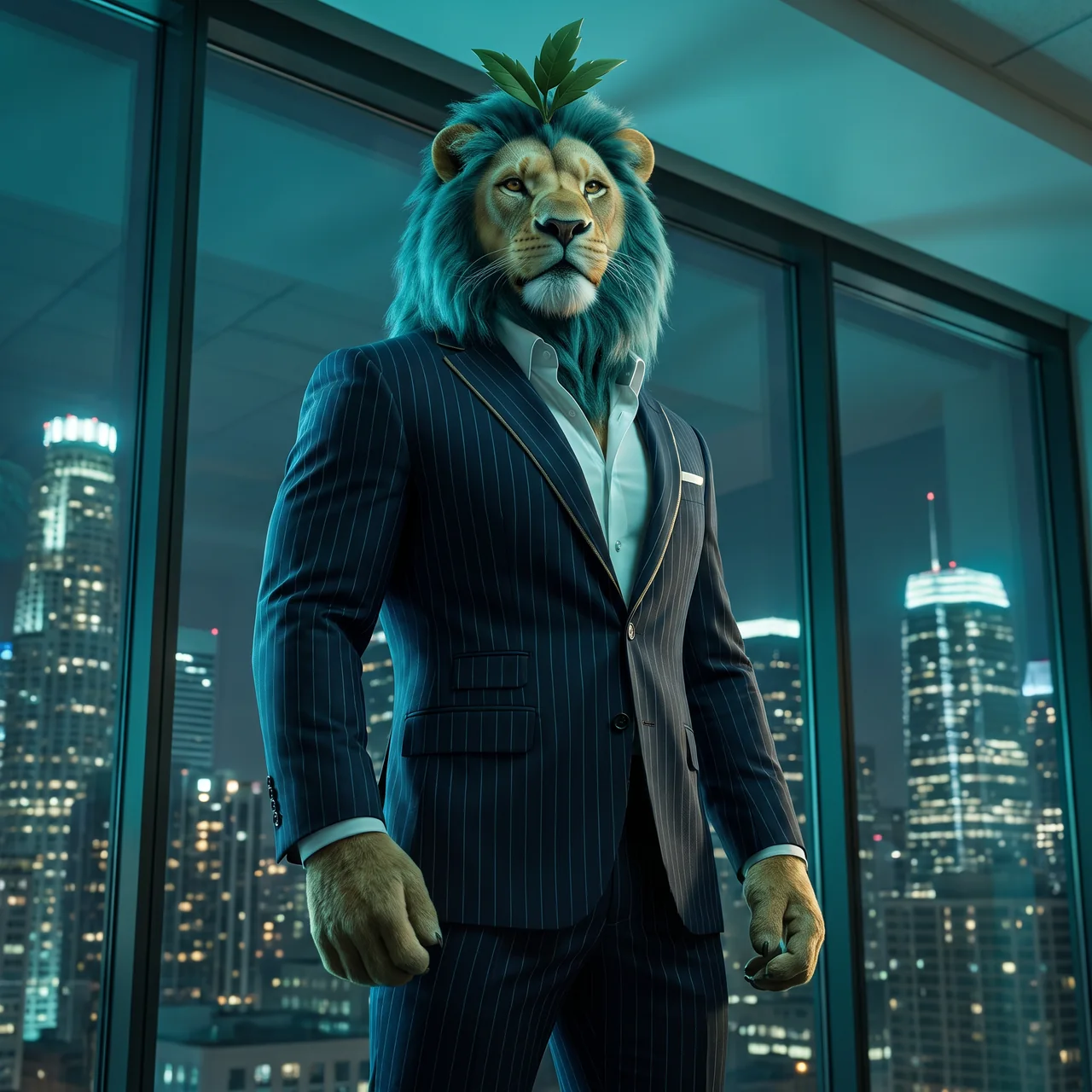 The Etari Digitals mascot, a lion in a pinstripe suit overlooking the city skyline